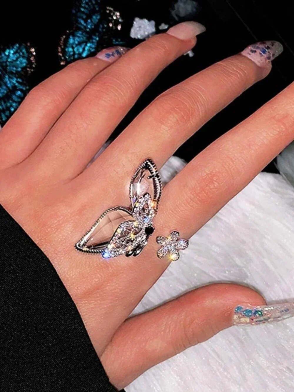 Sparkly Butterfly Ring Sliver Bling Rhinestone Knuckle Rings Adjustable Ring Jew